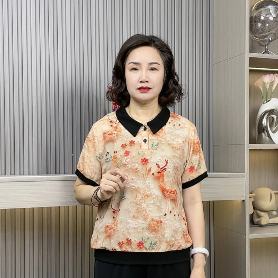 翻领时尚短袖动物薄款中老年女装夏季衬衫复古女装气质妈妈装小衫