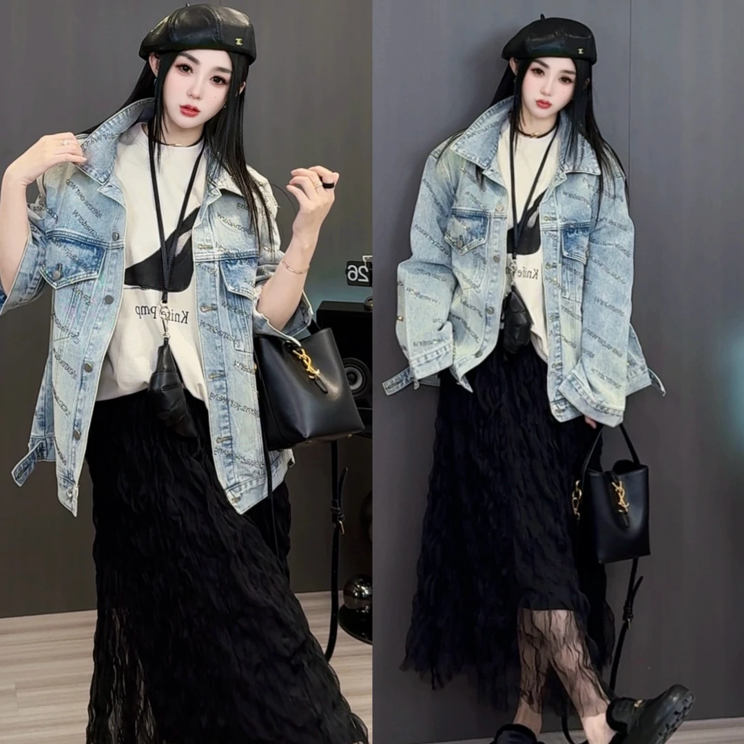 2025春季新款宽松牛仔外套女小个子牛仔衣亮钻字母设计韩版潮流