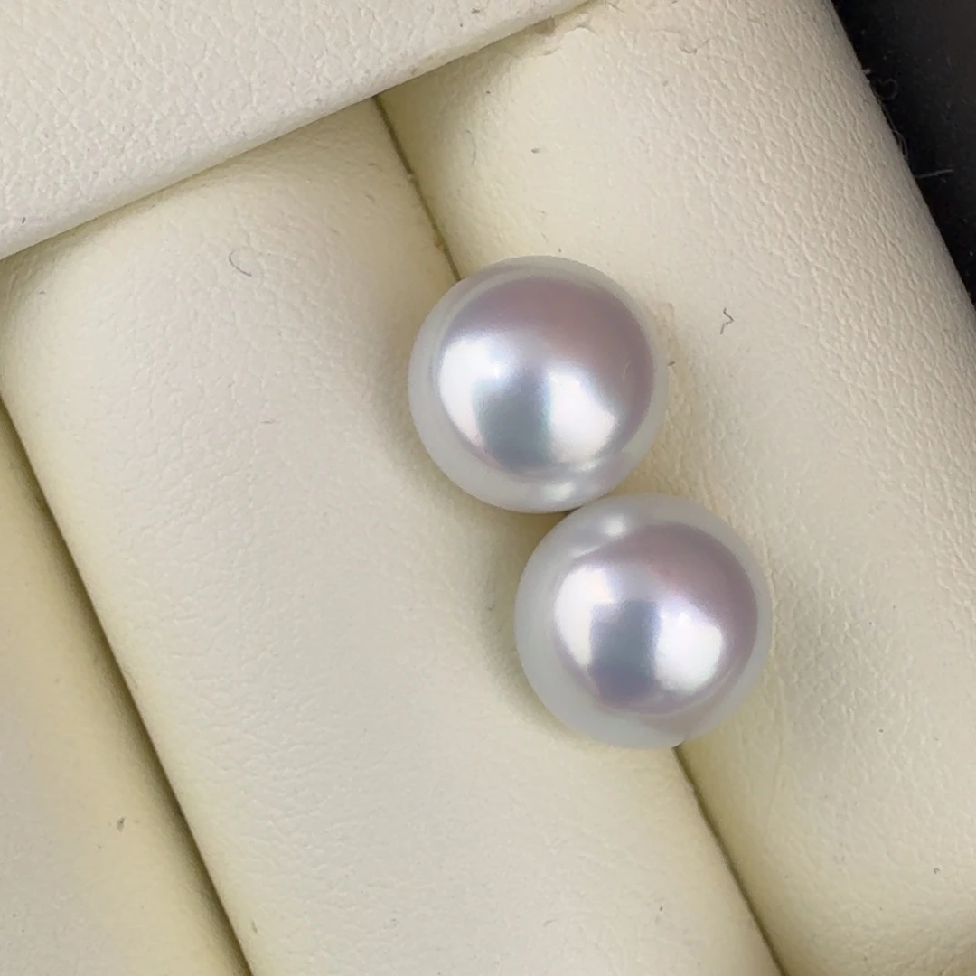 耳饰银S925镶嵌海水珍珠澳白馒头珠微瑕银蓝光宝石光9.5mm