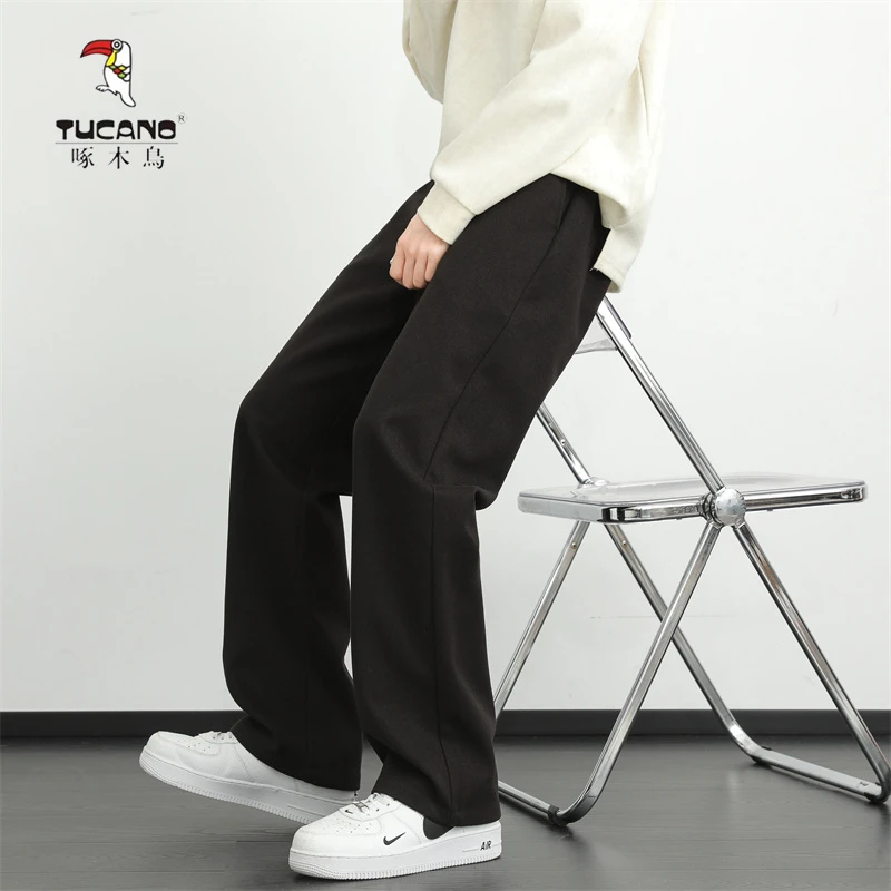 啄木鸟2025冬季男士休闲直筒宽松加绒毛呢子西裤潮流百搭帅气裤子