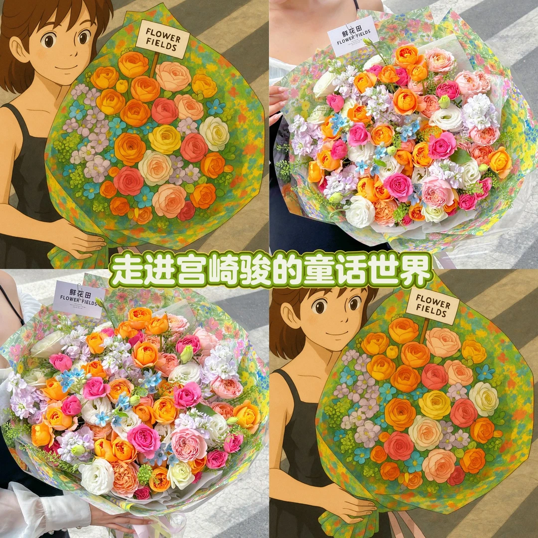 【宫崎骏动漫花♥以花之名】多头玫瑰紫罗兰多巴胺鲜花花束送女友送闺蜜生日鲜花小时达同城鲜花直送半岛铁盒