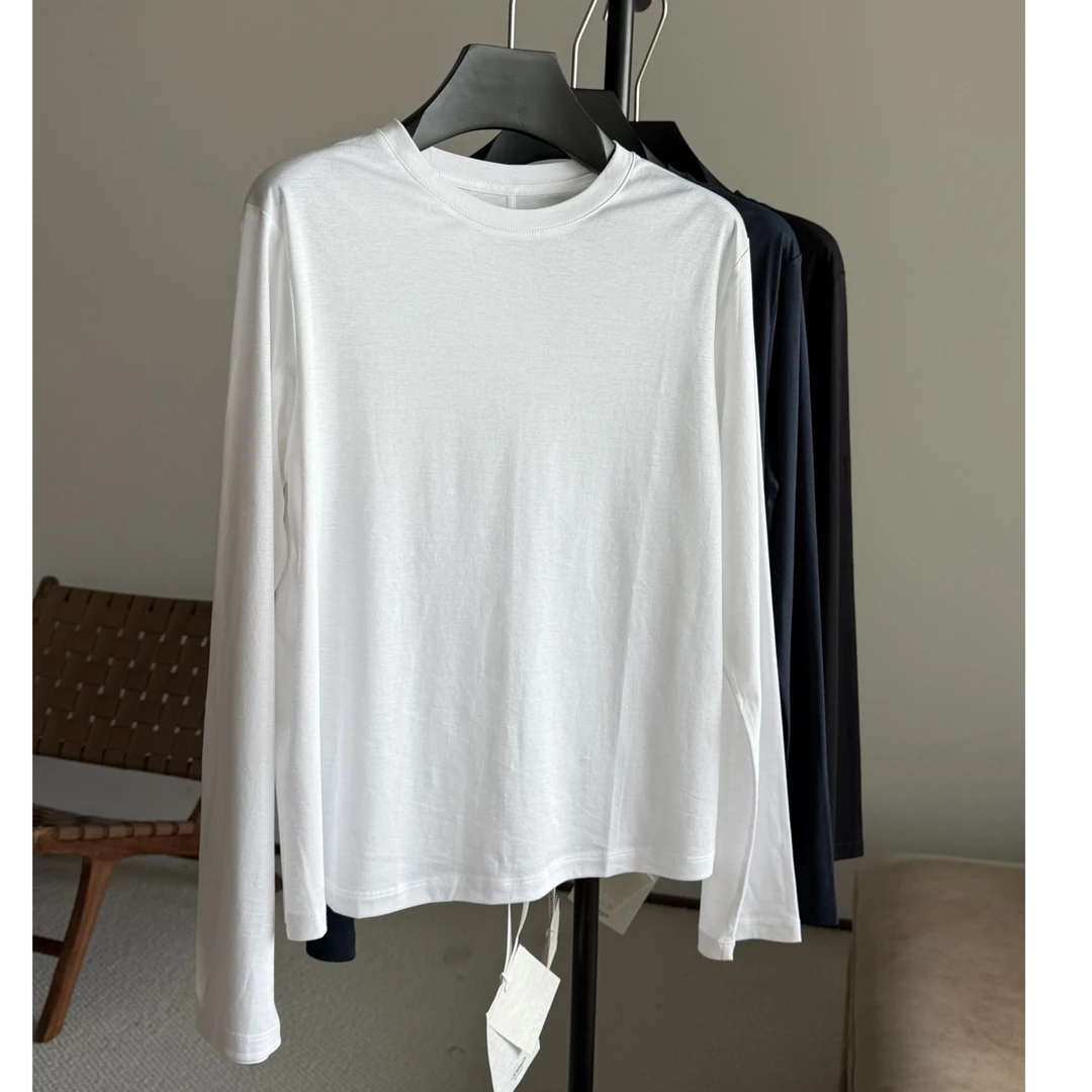 《100支匹马棉》秋冬长袖纯棉修身显瘦打底内搭上衣休闲风极简圆领T