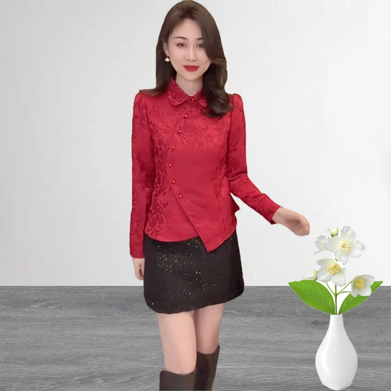 新年新款新中式斜襟提花衬衫8816气质百搭显瘦红色修身翻领上衣