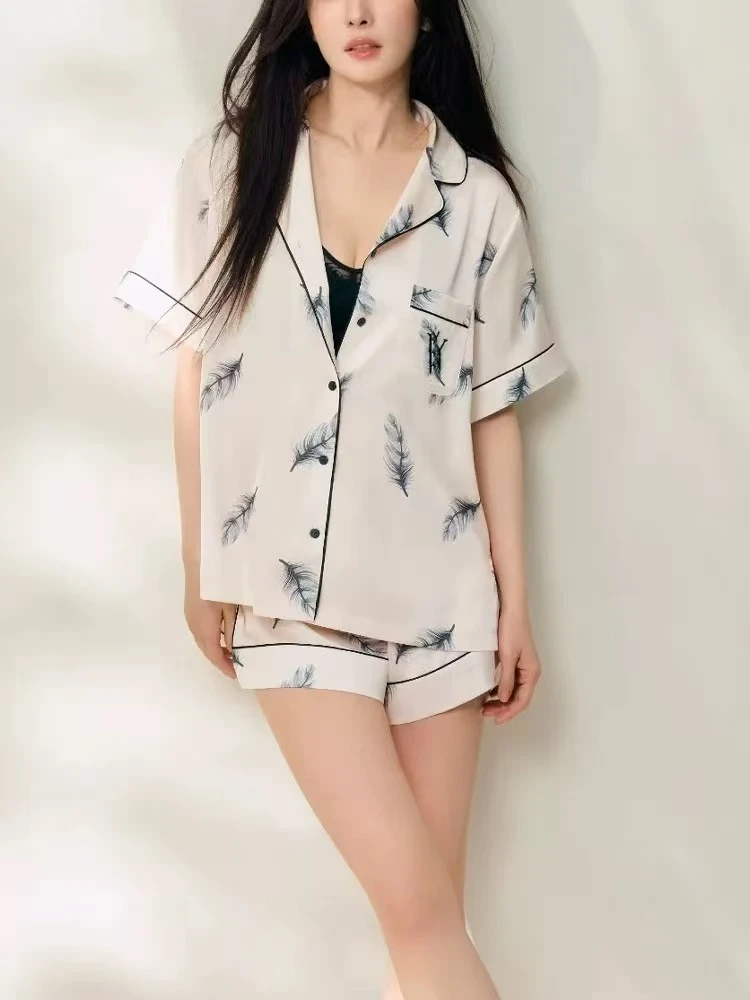 【明星同款】水光绸羽毛短袖短裤家居服套装1637#