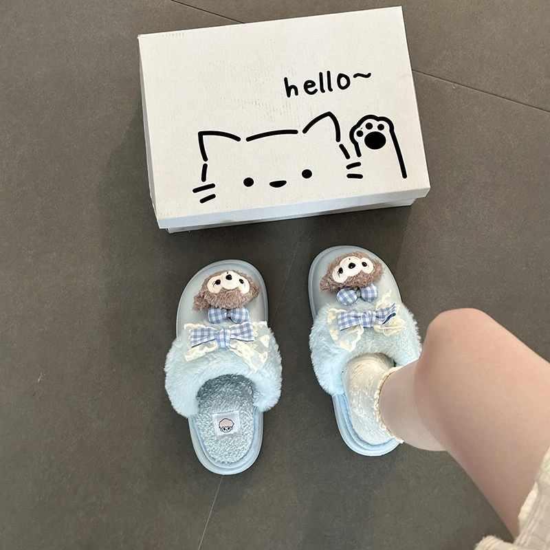 可爱卡通带蝴蝶结拼接包头鞋女2025秋冬新款舒适外穿棉拖鞋