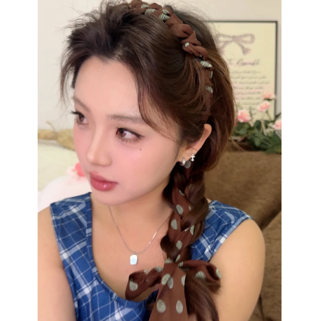 美式复古棕～丝巾飘带发箍！网红咖棕色系高颅顶齿梳飘带道具带发箍
