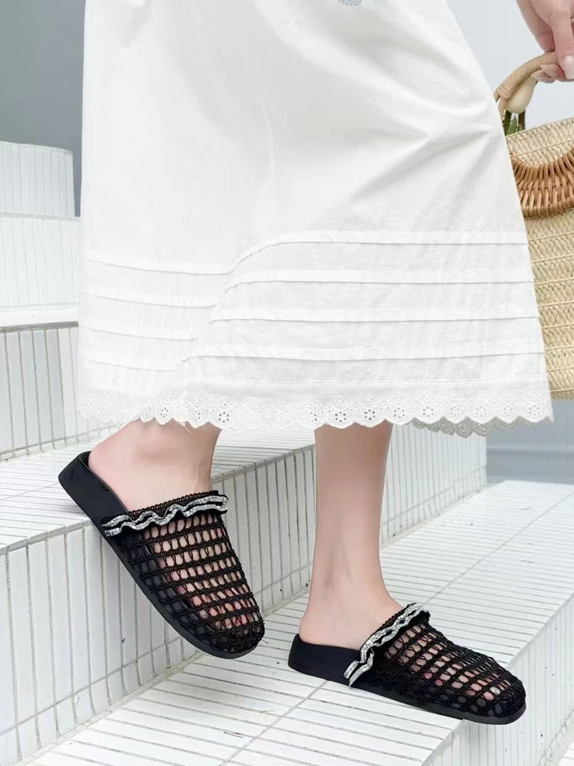 7571-MGG新款透气镂空穆勒鞋软底水钻渔网包头半拖