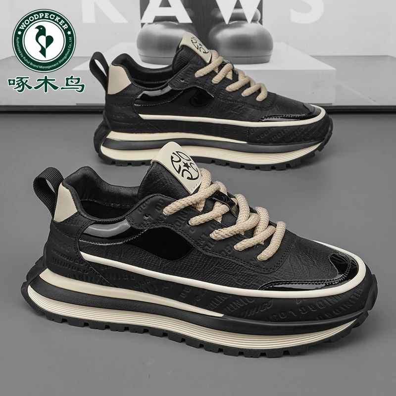 啄木鸟爆款2025夏季新款皮面休闲运动鞋潮流百搭厚底增高老爹鞋