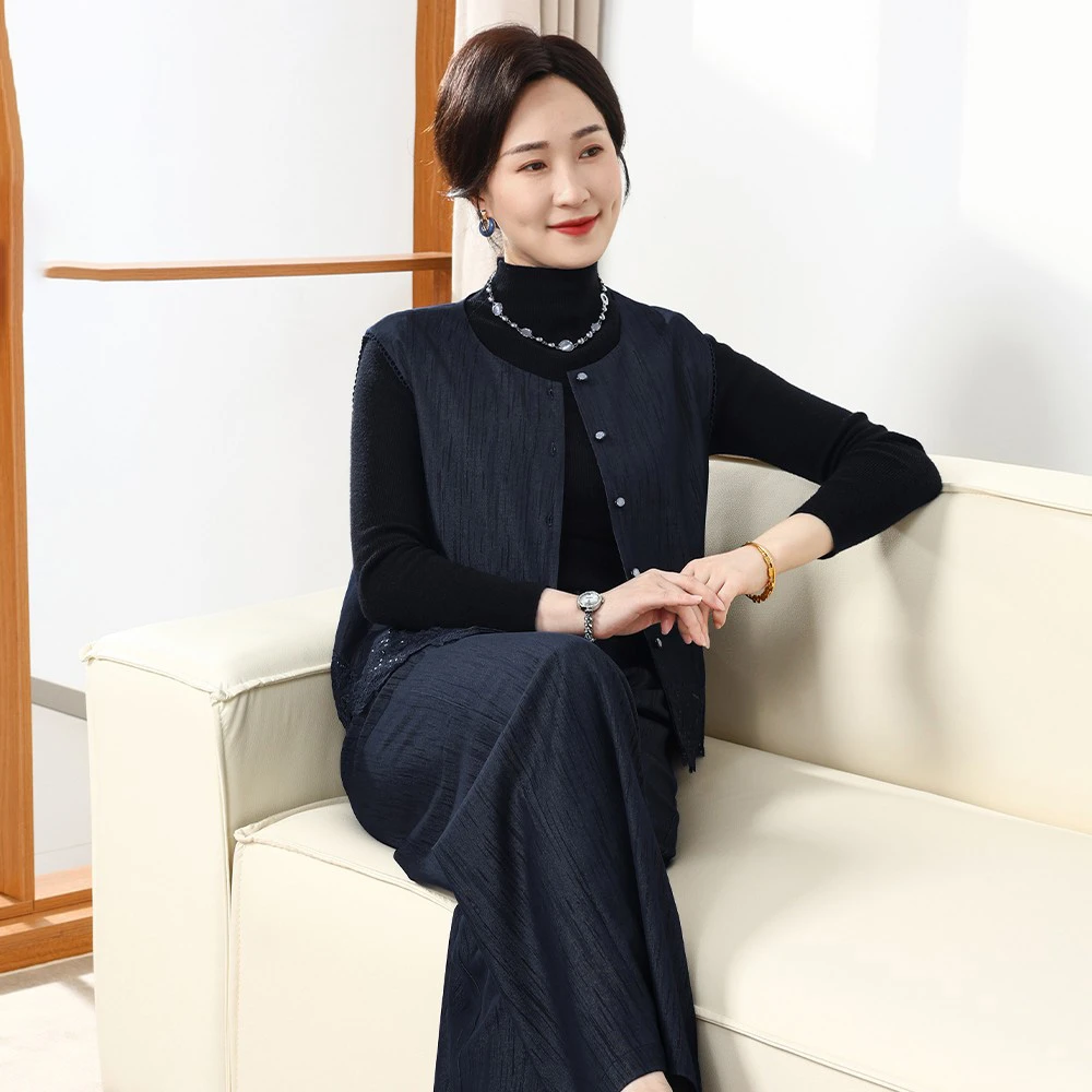 2025秋季妈妈印花拼接长裤复古时尚中老年女装马甲外套气质三件套