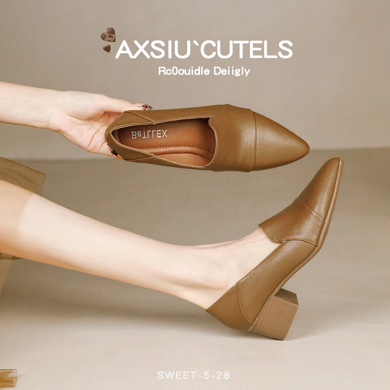 牛皮 全真皮跟高3.5厘米和4.5厘米软皮软底粗跟四季单鞋女皮鞋