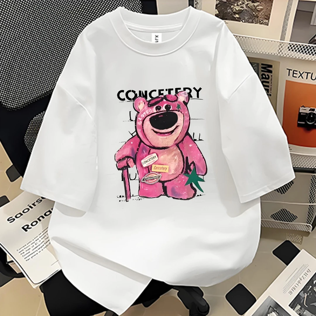 美式痞帅重磅纯棉短袖-标贴草莓熊男女潮牌宽松百搭圆领上衣