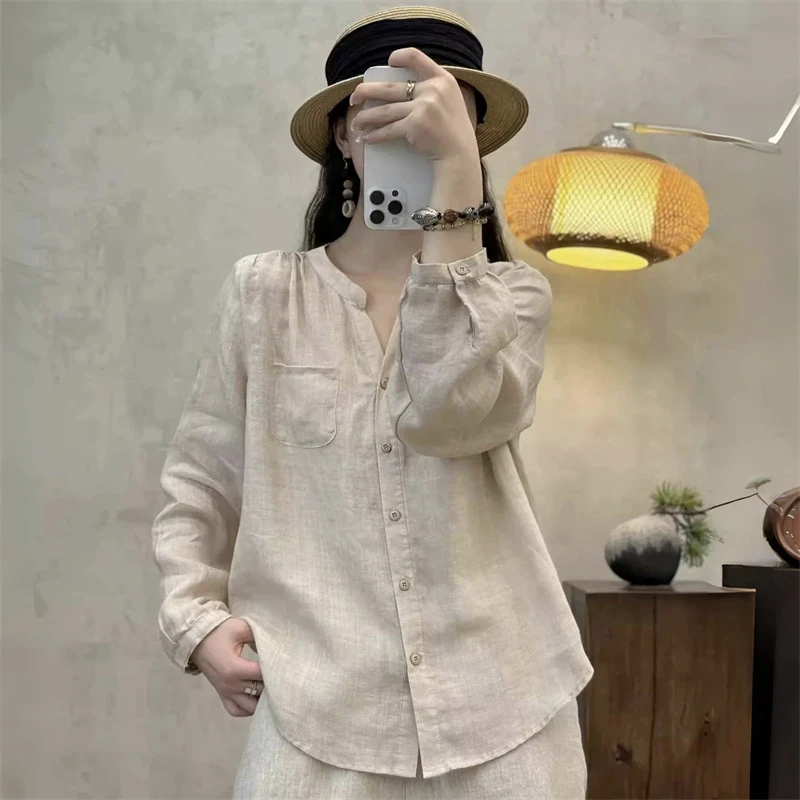 设计感休闲百搭单排扣小V领长袖衬衫女2025夏季新款纯色洋气衬衣