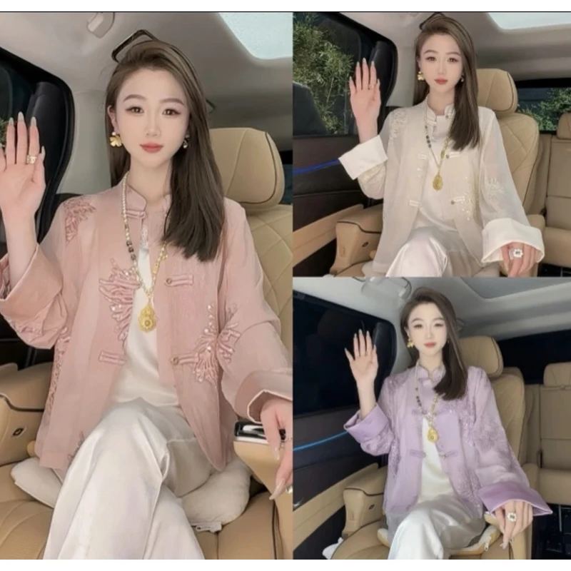 猫家YZM国风大码定制刺绣亮片花开富贵单层外套