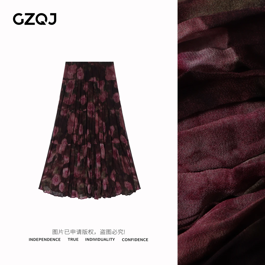 广州琴姐【莫奈暗涌】欧若风设计感显瘦碎花百褶高腰半身裙春夏4681