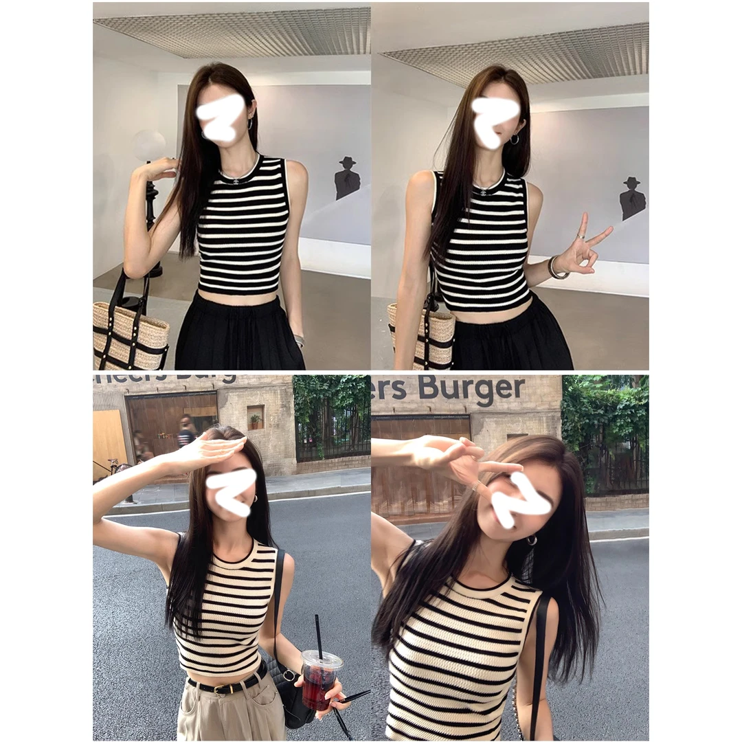 Moses Queen/魔西女王复古条纹背心女夏辣妹修身显瘦短款无袖上衣