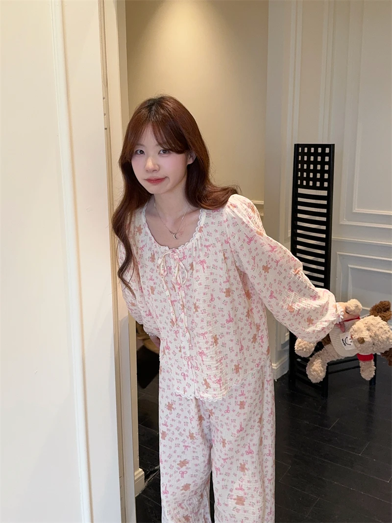 甜美蕾丝花边领小熊蝴蝶结睡衣女秋季长袖长裤纯棉纱布家居服套装