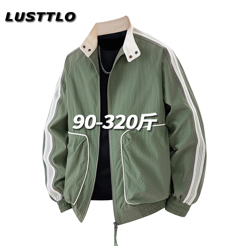 秋季新款立领夹克男宽松大码美式条纹撞色泡泡格外套潮牌休闲外衣