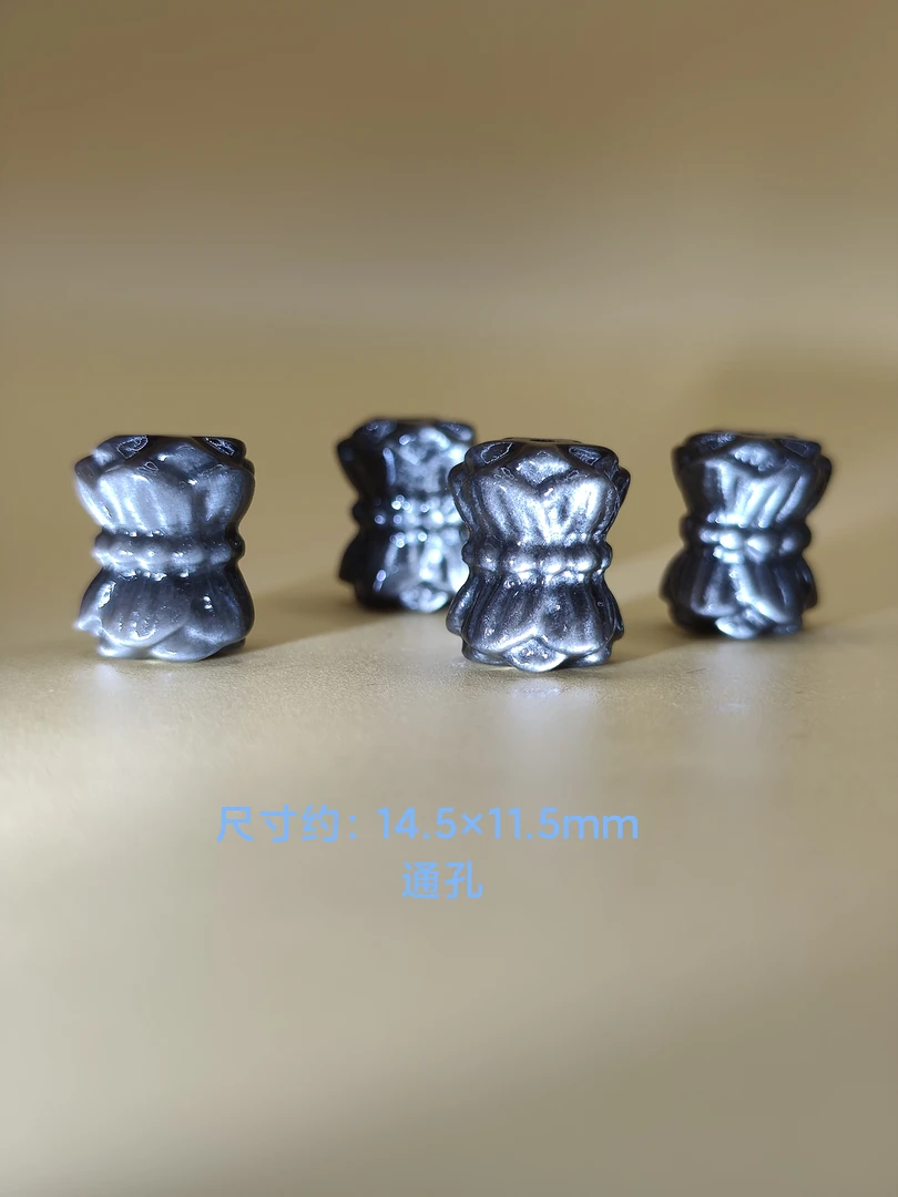 天然银曜石雕刻并蒂莲精雕小件手工diy串珠配件