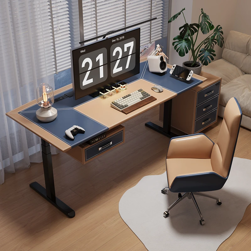 智能电动升降桌家用高档马鞍皮电竞办公桌电脑桌简约书桌可定制