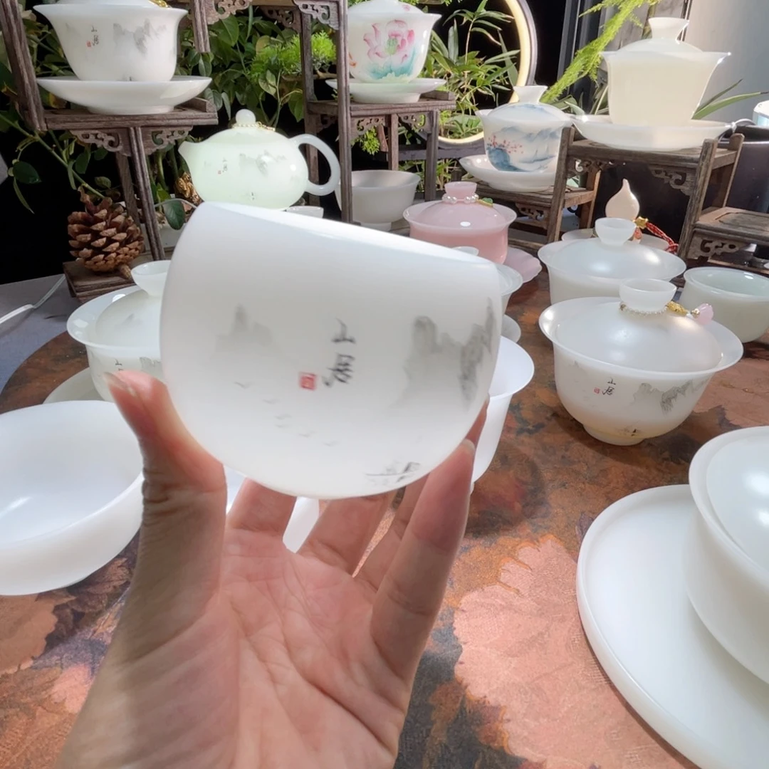 冰晶璞玉素烧水墨山居罗汉杯