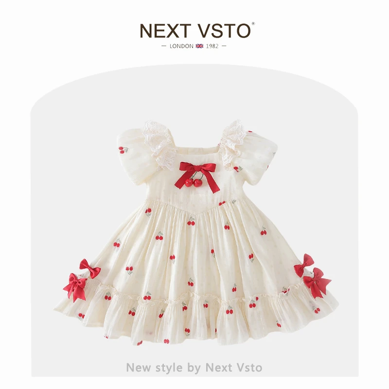 英国NEXT VSTO女童法式泡泡袖公主裙夏装洋气小女孩小樱桃连衣裙