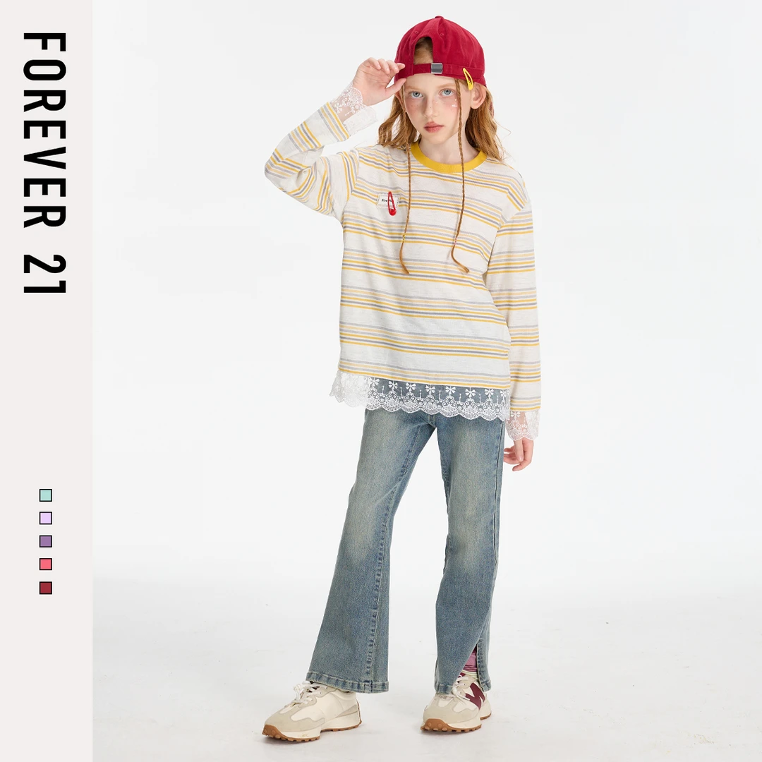 Forever 21童装女童长袖t恤2025新款秋装蕾丝大童上衣儿童打底衫