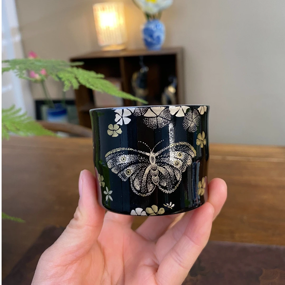 【鸿钧堂】黑底描金蝴蝶容天杯 景德镇纯手工手绘茶器茶具