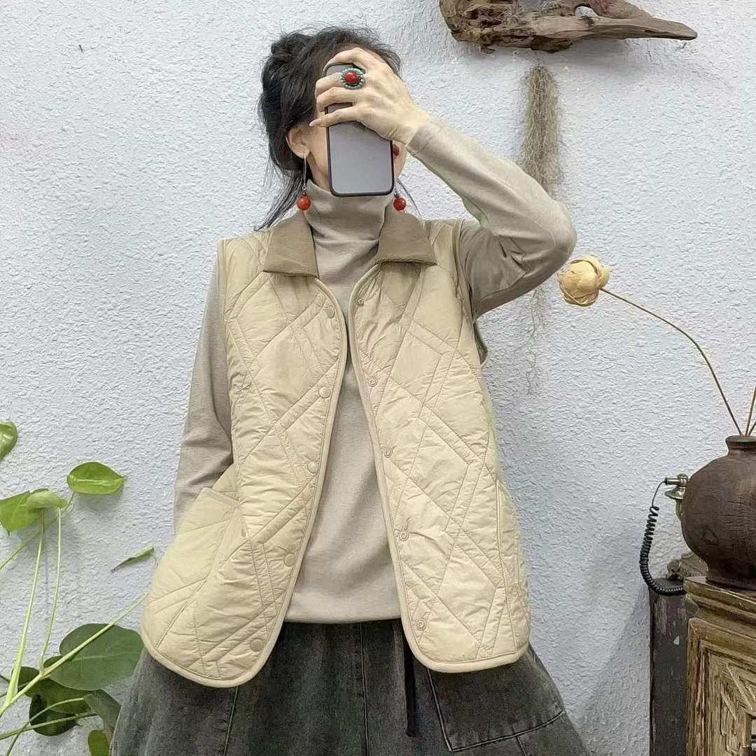 15002夹棉菱形压棉翻领口可拆卸开扣马甲（长63胸围108