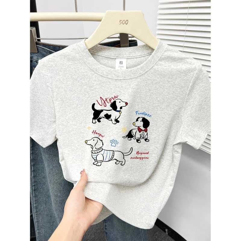 小狗印花正肩圆领短袖t恤女2026爆款时尚大码微胖穿搭设计感上衣