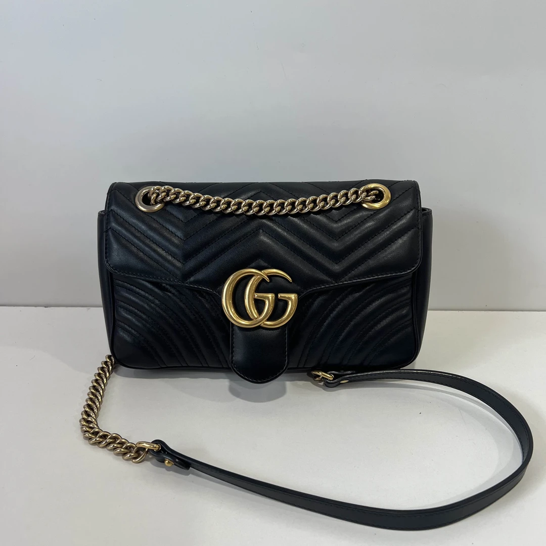 99新 GUCCI/古驰 Marmont马蒙26中号黑金链条单肩斜挎包