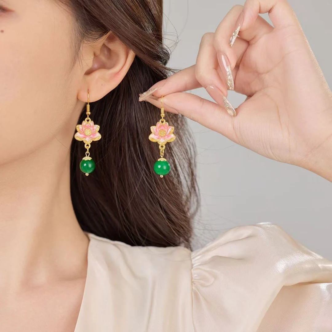 新中式经典古风莲花珐琅翠绿耳环ins