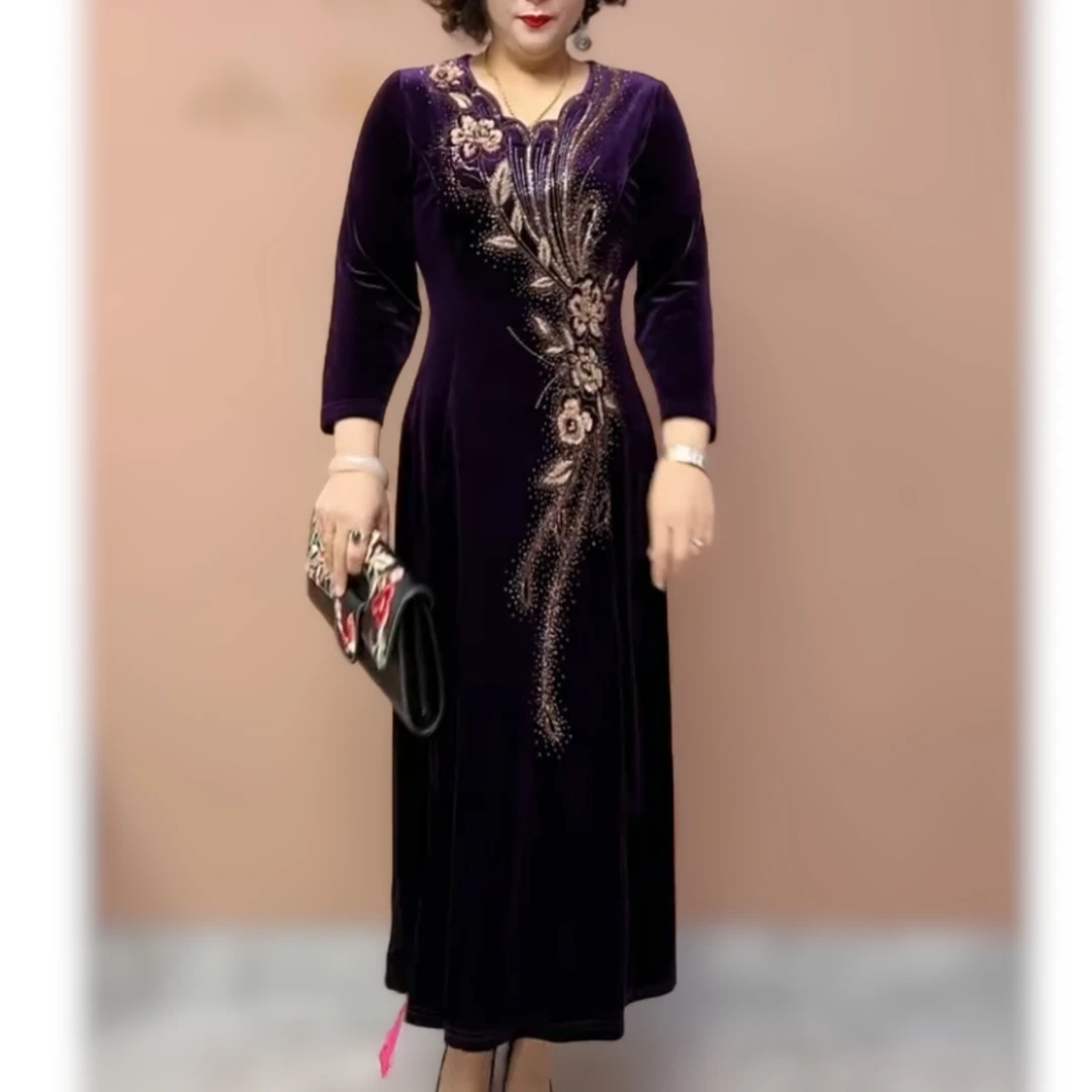 紫色金丝绒妈妈结婚礼服连衣裙妈妈装丈母娘喜婆婆喜服平时可穿