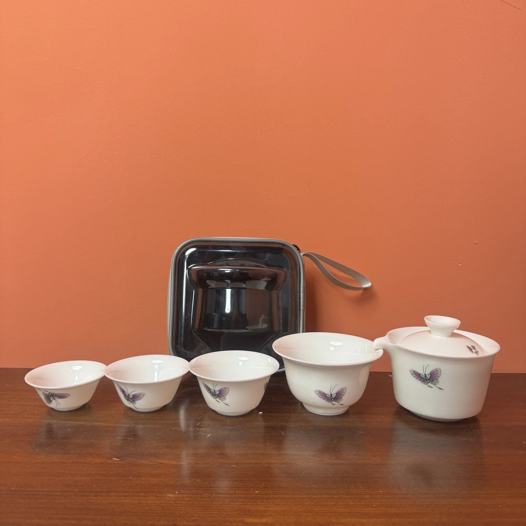AA021羊脂玉旅行茶具蝴蝶一壶四杯叠罗汉功夫茶D