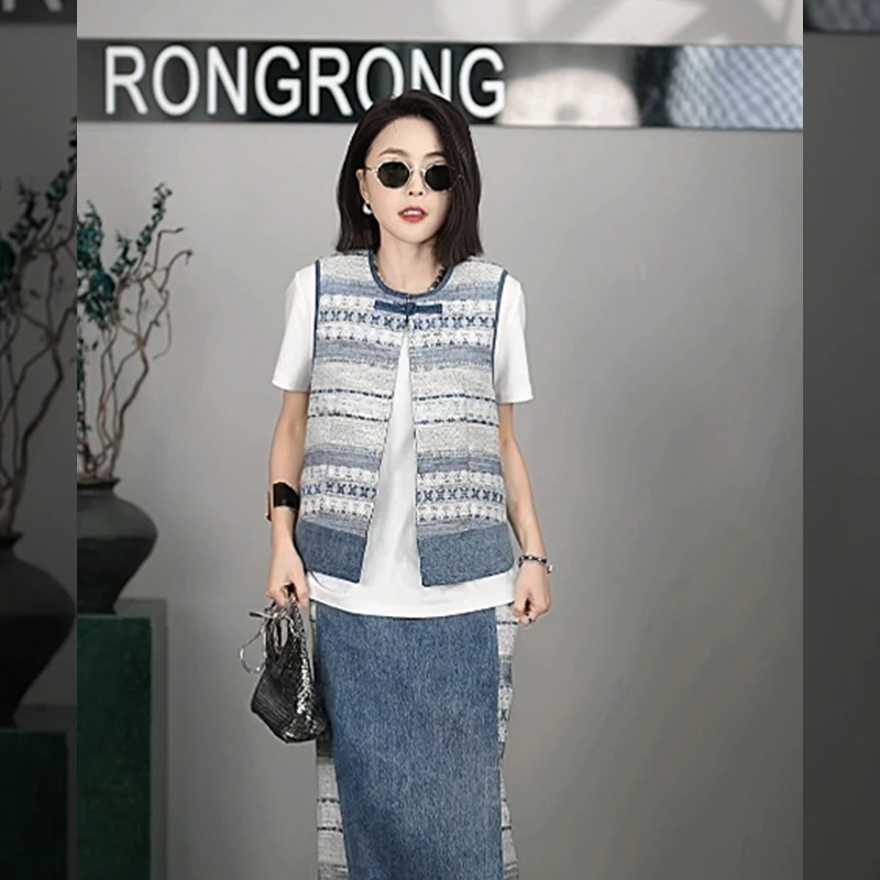 溶溶【蓝海画季】RONGRONG 圆领提花小香风新中式双面马夹ZGC6B1573