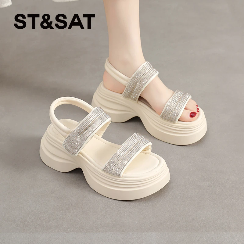 星期六低帮露趾凉靴女2025夏季水钻罗马仙女风凉鞋百搭软底休闲鞋