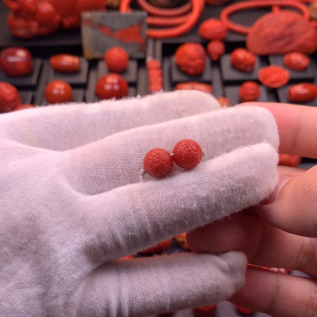 南红玛瑙未镶嵌保山精工雕刻回纹圆珠腰珠对珠9.5mm