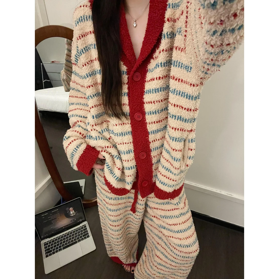 撞色条纹半边绒睡衣女款秋冬季加厚针织衫毛衣休闲保暖家居服套装