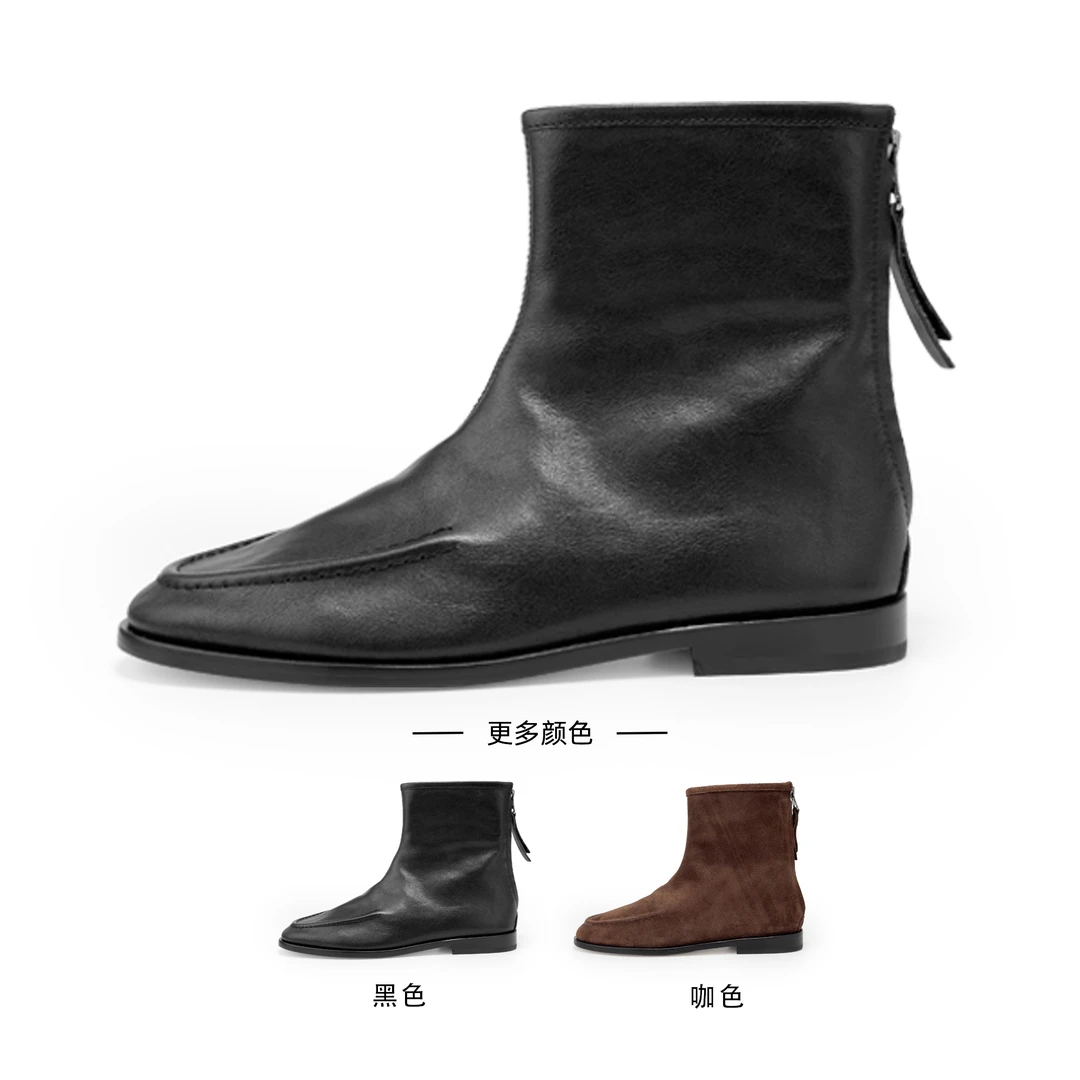 【简约百搭】欧美He家裸靴牛反绒皮圆头拉链秋冬踝靴短靴女YS-1012