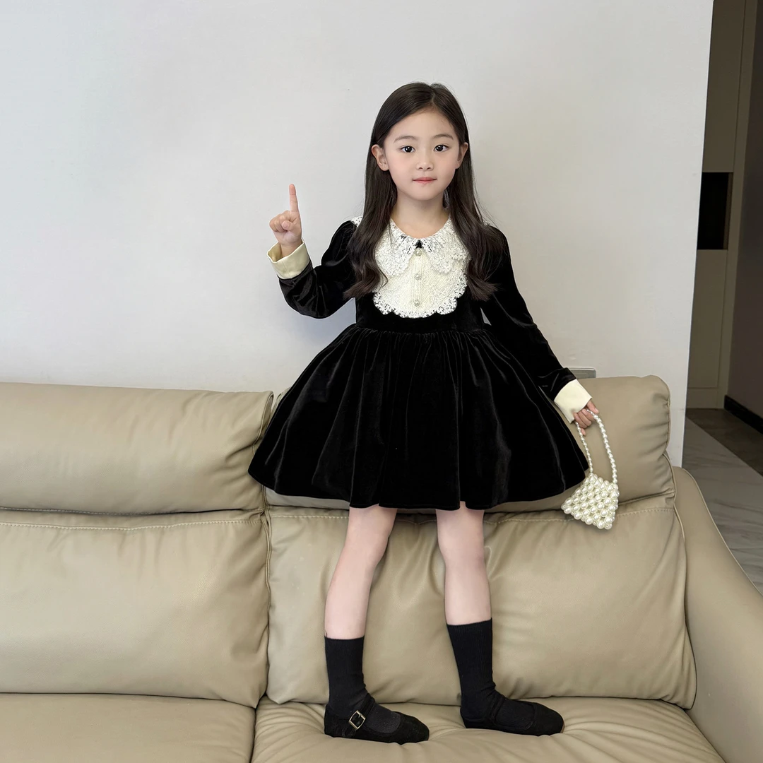 女童秋冬丝绒小香风加绒小黑裙洋气公主风加厚连衣裙冬裙
