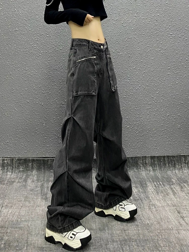 褶纹设计休闲工装高腰宽松显瘦百搭直筒阔腿牛仔裤女春款