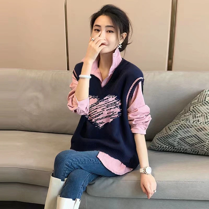 洋气质针织马甲长袖衬衫套装女春秋新款学院风毛衣背心上衣两件套