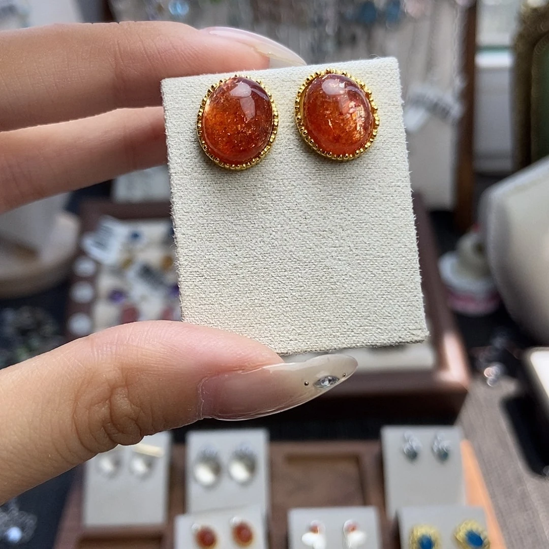 ****麻水晶戒指银S925镶嵌金太阳耳钉