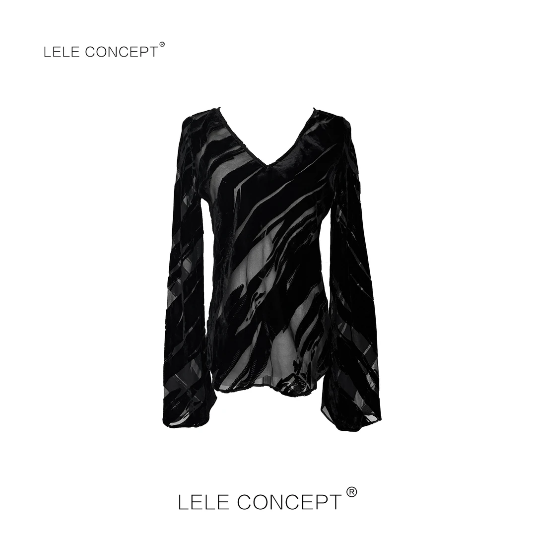 LELE CONCEPT丨V韵柔纹·复古港风两色V领压纹长袖衫FS25C0123Y