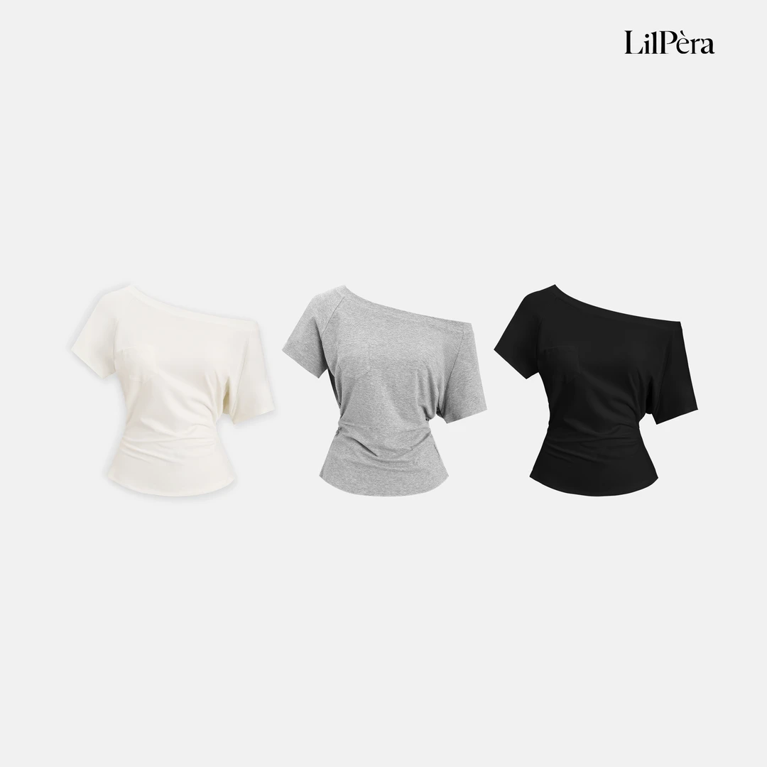 Lilpera胖梨定制 “露肩T”夏季时尚设计感斜肩收腰捏褶百搭T恤B60