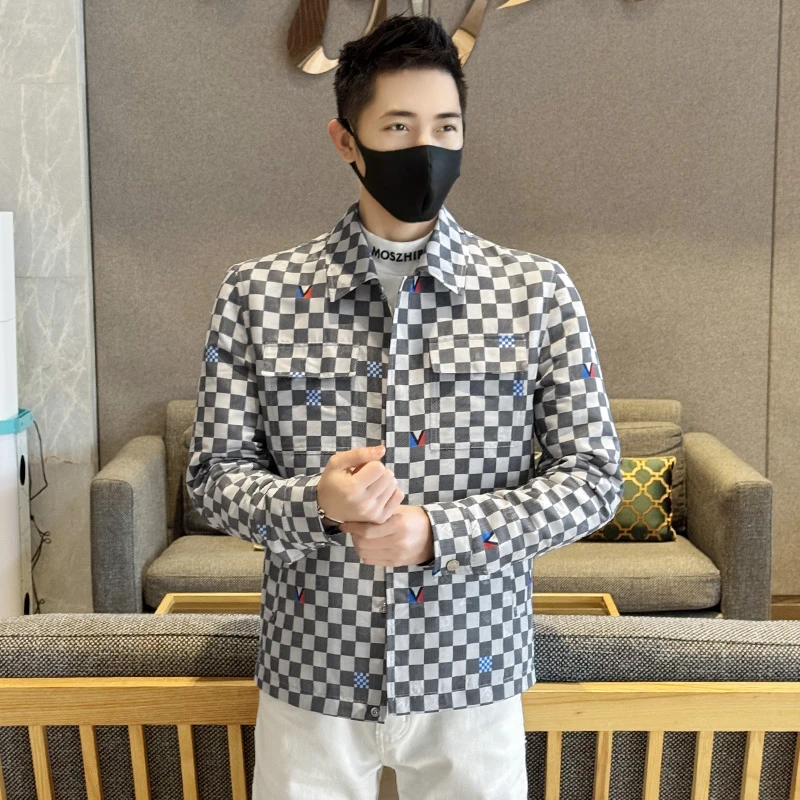 春季潮牌休闲百搭简约棋盘格夹克男潮流帅气翻领工装韩版修身外套