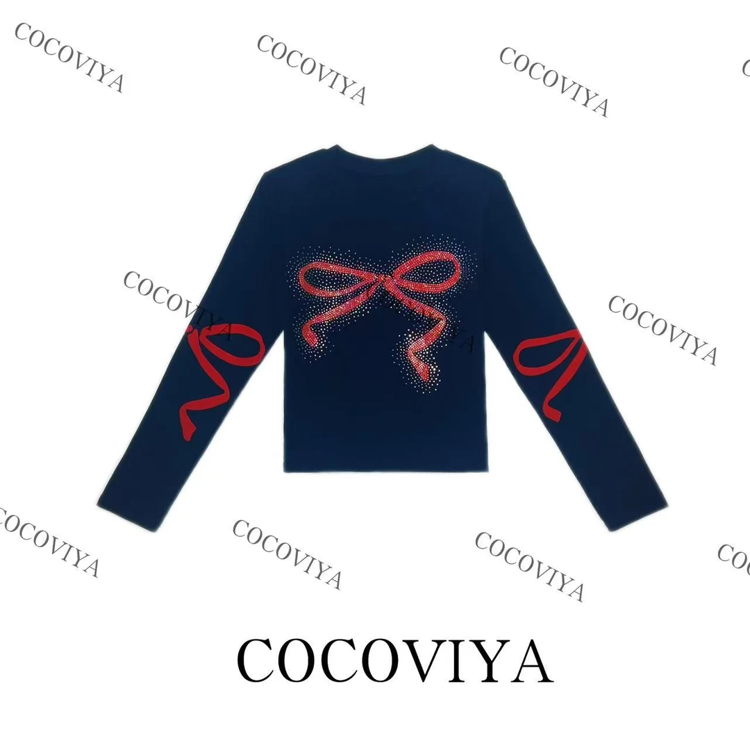 COCOVIYA【C】2025蝴蝶结精致钻饰长袖T恤遮肉显瘦休闲上衣26C-871