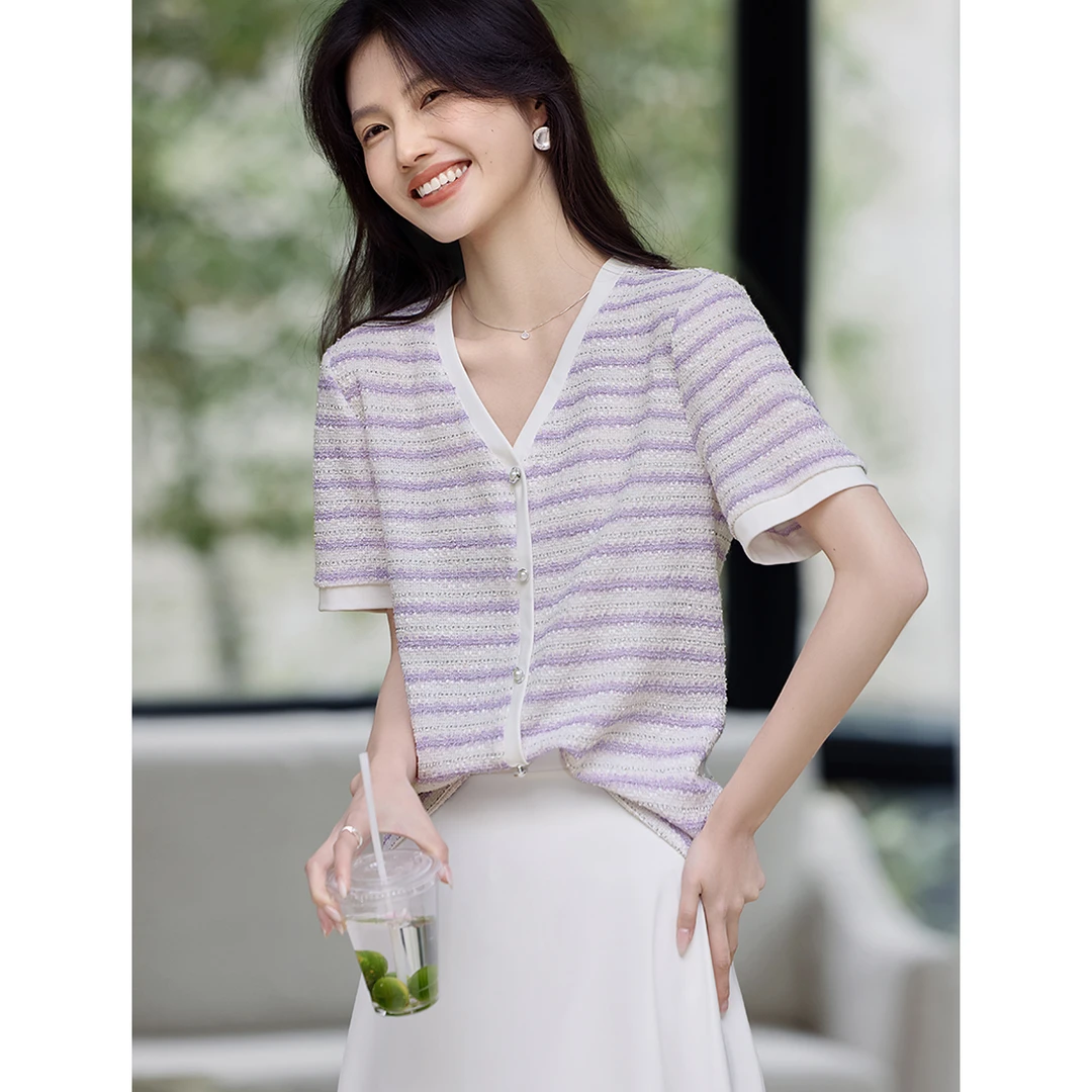 XWI/欣未2025夏季新款简约优雅条纹小香风拼色肌理感短袖小衬衫女