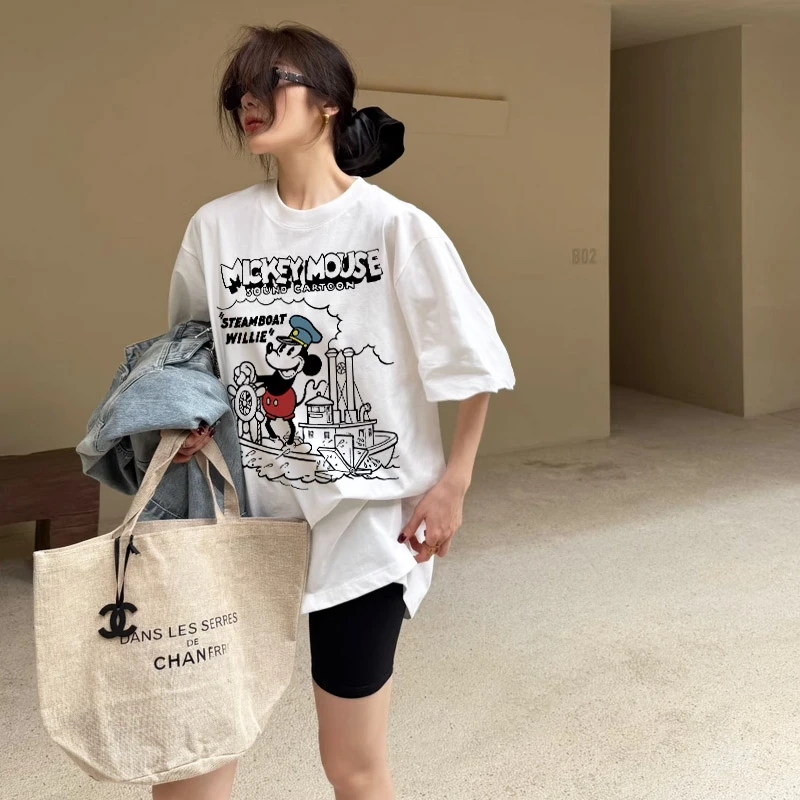 韩版休闲t恤纯棉短袖情侣装ins设计感米奇印花正肩半袖百搭女装夏