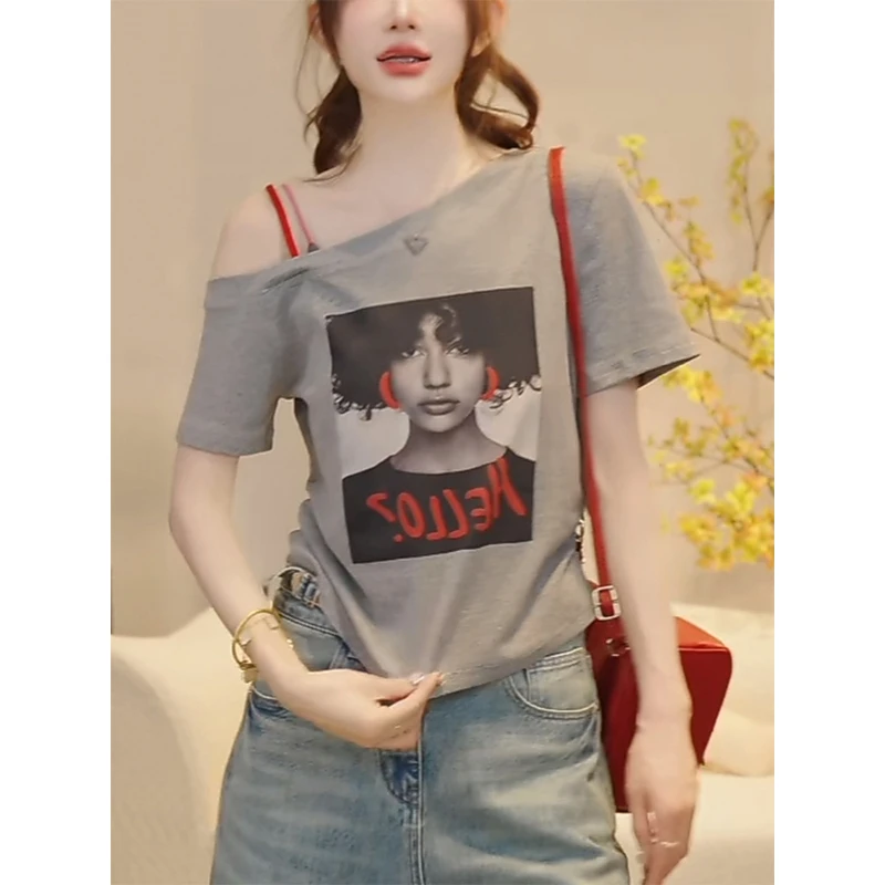 灰色设计感斜肩吊带T恤女2025夏季新款复古人像印花圆领修身上衣