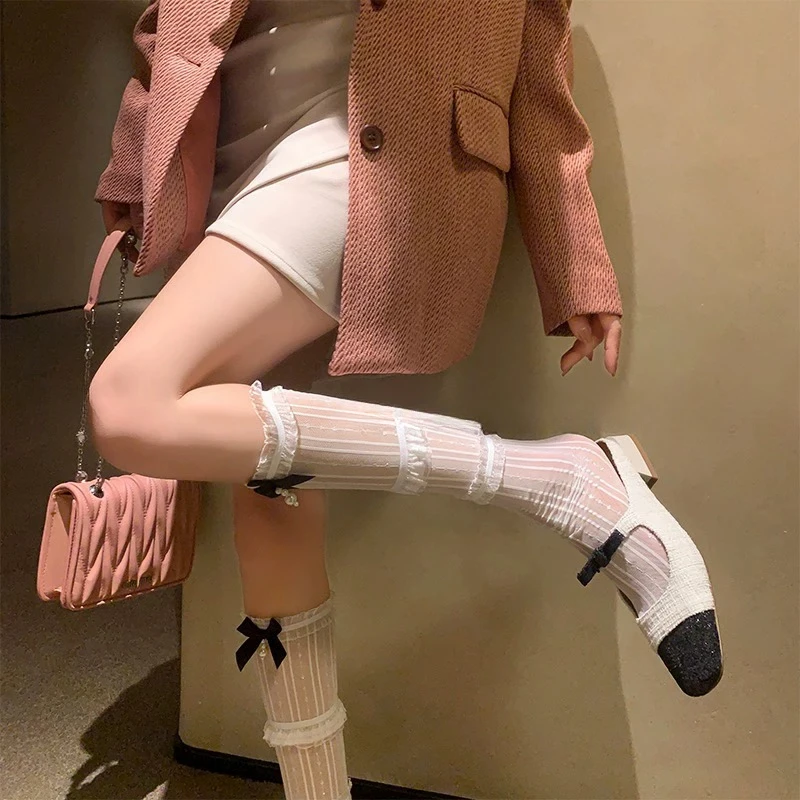 小香风珍珠蝴蝶结蕾丝袜子女中筒夏季薄款玛丽珍花边白色jk小腿袜